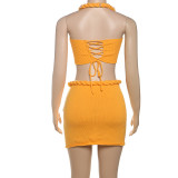 Women Summer Style Casual Solid Knitting Halter Neck Top and Skirt Two Piece Set