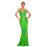 Women Suspender V Neck Bodycon Sequin Formal Party Fishtail Evening Dress