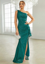Women one shoulder slash shoulder bodycon sequins slit formal party evening dress
