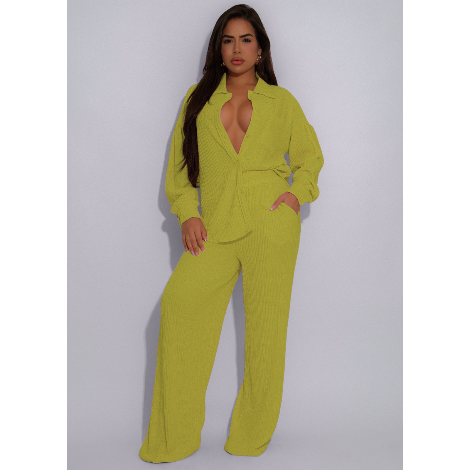 Women Crumpled Lace-Up Top and Pocket Wide Leg Pants Two Piece Set