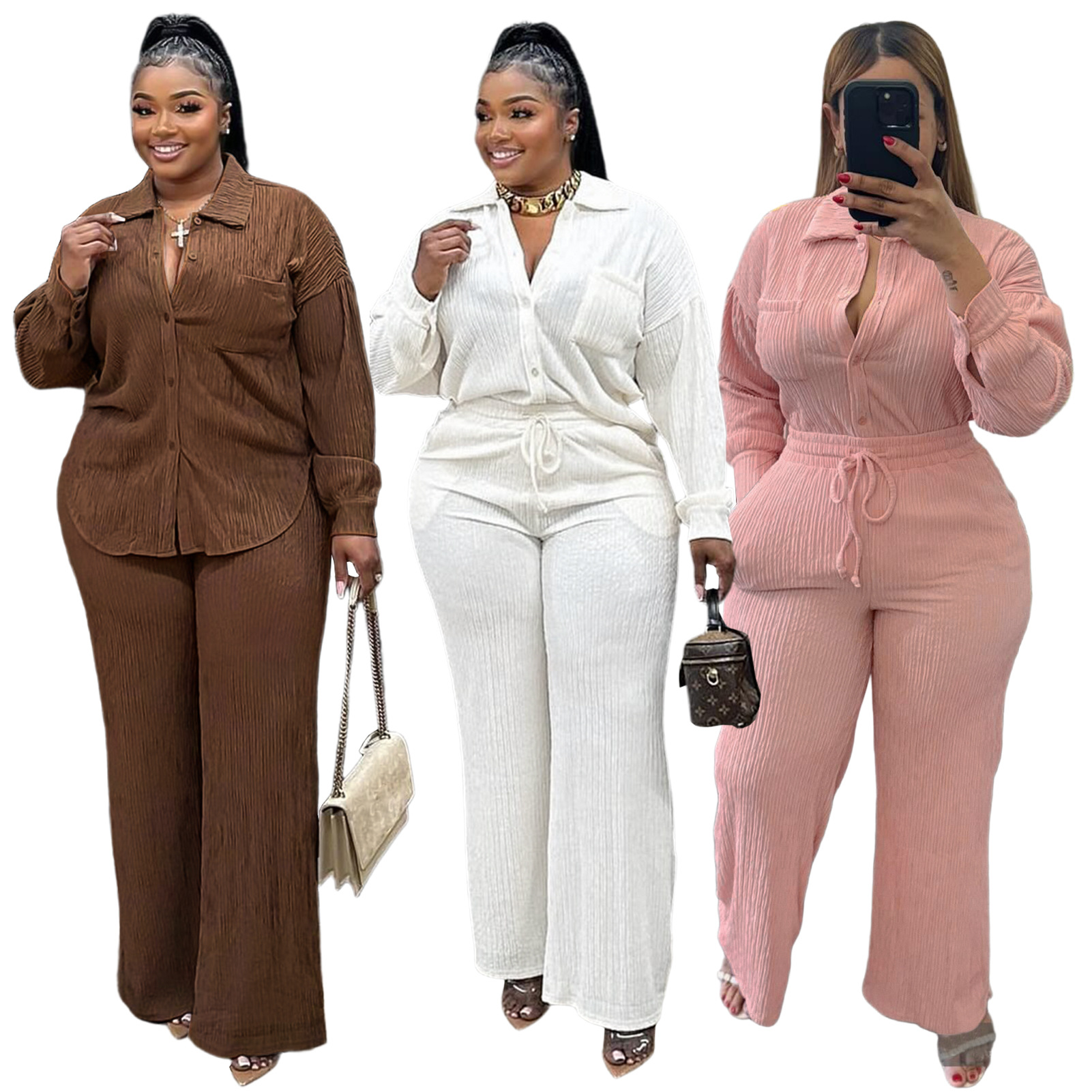 Women Crumpled Lace-Up Top and Pocket Wide Leg Pants Two Piece Set