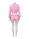 Women Turndown Collar Striped Long Sleeve Shirt Patchwork Shorts Two Piece Set