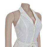 Women Summer Casual Solid V-neck Backless Jumpsuit