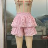 Women Elastic Waist Puffy Layered Lace Cascading Ruffles Skirt Pants