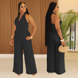 Women Summer Casual Solid V-neck Backless Jumpsuit