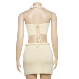 Women Summer Style Casual Solid Knitting Halter Neck Top and Skirt Two Piece Set