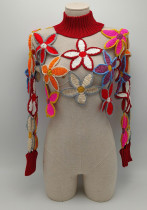 Women High Neck Hollow Flower Patchwork Long Sleeve Top