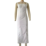 Women Square Neck Embroidered Holidays Maxi Strap Dress