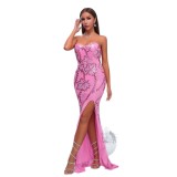 Women chest wrap off shoulder bodycon sequins formal party fishtail evening dress
