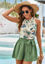 Women Lace-Up Bow Print Sleeveless Halter Neck Top and Shorts Two Piece Set