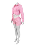 Women Turndown Collar Striped Long Sleeve Shirt Patchwork Shorts Two Piece Set