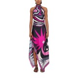 Women Printed Halter Neck Backless Top and Irregular Skirt Two Piece Set