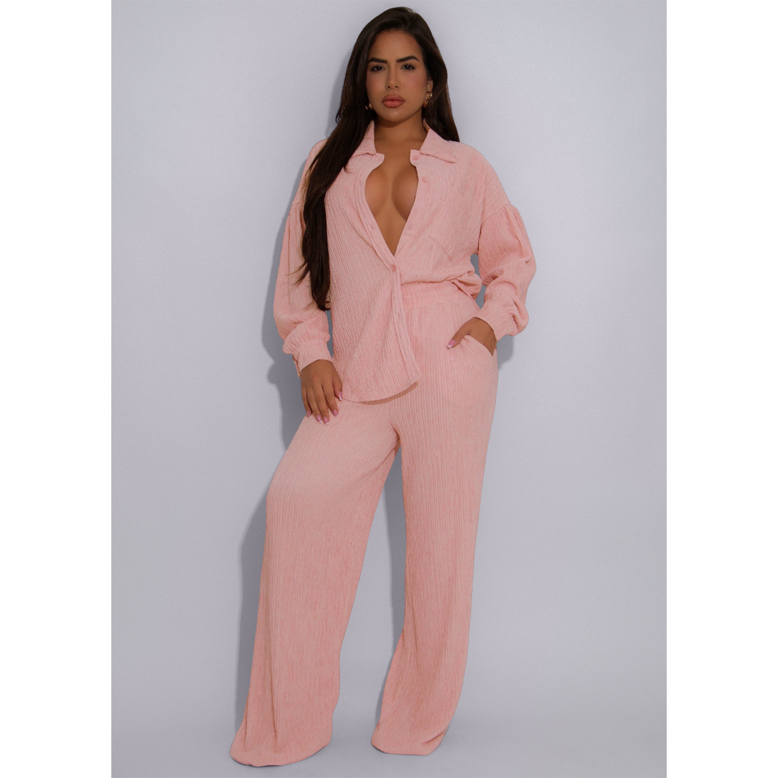 Women Crumpled Lace-Up Top and Pocket Wide Leg Pants Two Piece Set