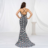 Women Suspender V Neck Bodycon Sequin Formal Party Fishtail Evening Dress