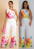 Women Elegant Stretchy Slash Shoulder Top and Wide Leg Pants Two Piece Set