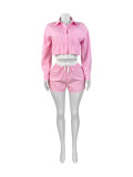 Women Turndown Collar Striped Long Sleeve Shirt Patchwork Shorts Two Piece Set