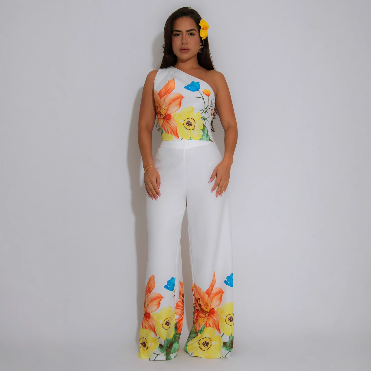 Women Elegant Stretchy Slash Shoulder Top and Wide Leg Pants Two Piece Set