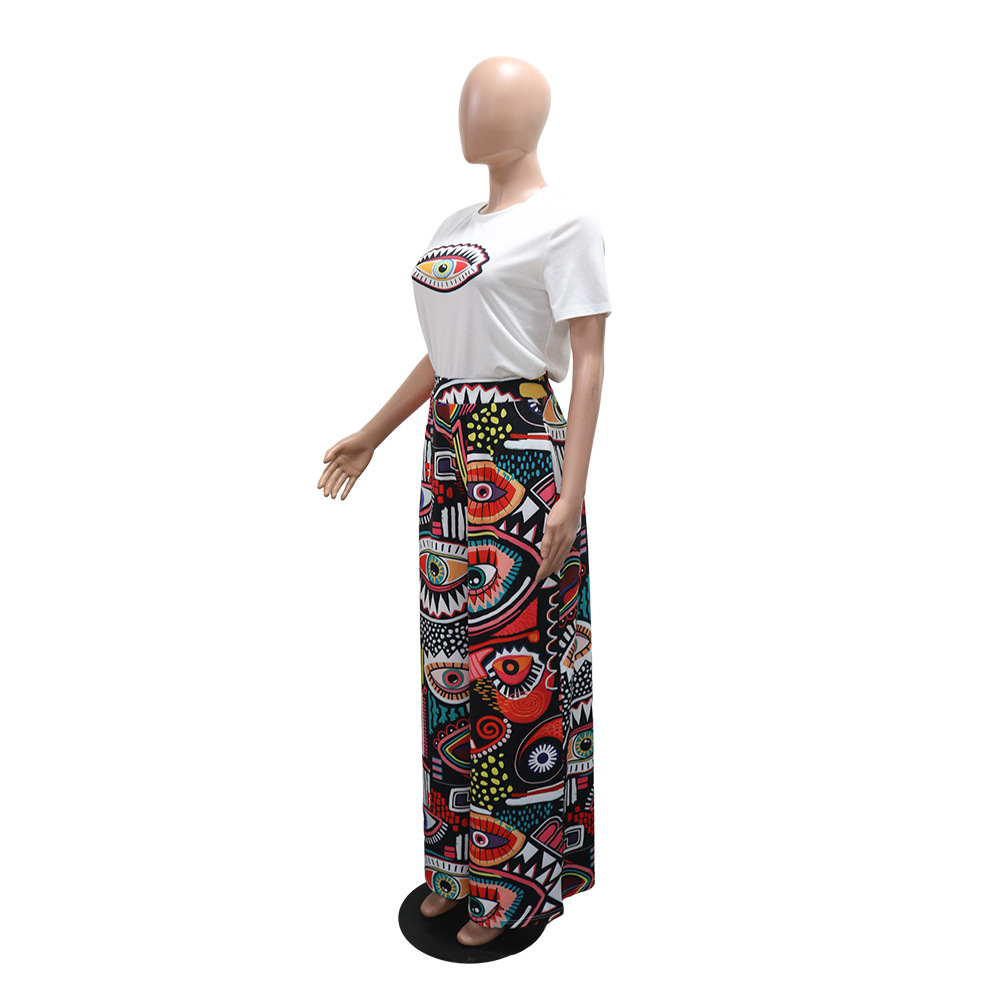 Women Printed Round Neck Short Sleeve Top and Wide Leg Pants Two Piece Set