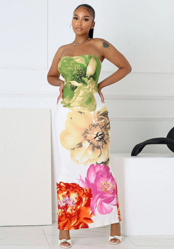 Women Spring Strapless Floral Print Bodycon Backless Stretchy Maxi Dress