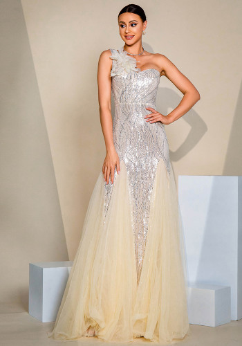 Women One Shoulder Slash Shoulder Bodycon Sequin Slit Formal Party Evening Dress