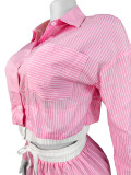 Women Turndown Collar Striped Long Sleeve Shirt Patchwork Shorts Two Piece Set