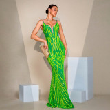 Women Suspender V Neck Bodycon Sequin Formal Party Fishtail Evening Dress