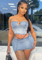 Women Sexy Strapless Denim Top Slit Mini SkirtTwo Piece Set
