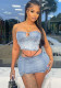 Women Sexy Strapless Denim Top Slit Mini SkirtTwo Piece Set