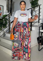 Women Printed Round Neck Short Sleeve Top and Wide Leg Pants Two Piece Set