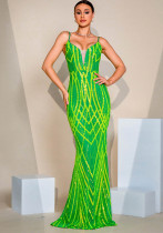 Women Suspender V Neck Bodycon Sequin Formal Party Fishtail Evening Dress