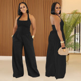 Women Casual Backless Halter Neck Solid Jumpsuit