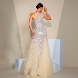 Women One Shoulder Slash Shoulder Bodycon Sequin Slit Formal Party Evening Dress
