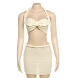 Women Summer Style Casual Solid Knitting Halter Neck Top and Skirt Two Piece Set