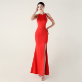 Women beaded off-shoulder one-shoulder slit evening dress