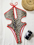 Women Leopard Contrast Hollow Lace-Up One-piece Swimwear