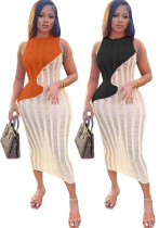Women Sexy Sleeveless Knitting Color Block Dress Women Sexy Sleeveless Knitting Color Block Dress