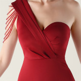 Women sexy and elegant evening beaded one-shoulder slit evening dress