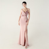 Women beaded tube pleated waist bow embroidery formal party evening dress