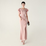 Women beaded tube V neck ruffle draped bead chain bead formal party evening dress