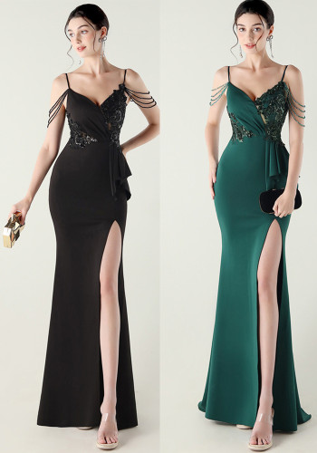 Women beaded tube sequin bow ruffle V neck suspender fishtail formal party evening dress