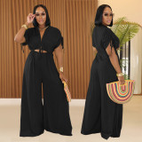 Women  Casual Solid V Neck Lace Wide Leg Jumpsuit