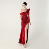 Women pleated one-shoulder beaded ruffle fishtail formal party evening dress