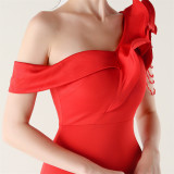 Women ruffled one-shoulder beaded fishtail formal party evening dress