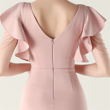 Women beaded tube V neck ruffle draped bead chain bead formal party evening dress