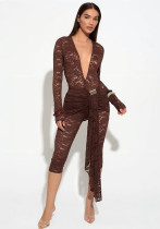 Women Summer Lace Long Sleeve V Neck Sexy Pleated Jumpsuit