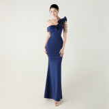 Women ruffled one-shoulder beaded fishtail formal party evening dress