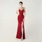 Women fishbone lace-up V neck suspender sexy formal party fishtail evening dress