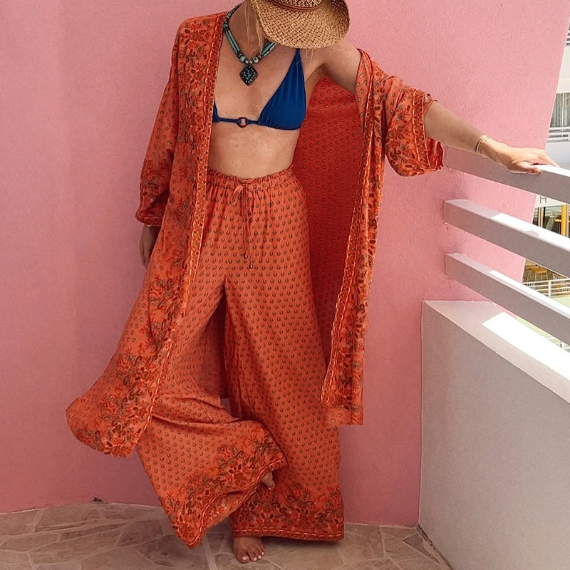 Women Spring Summer Print Top and Wide Leg Pants Two Piece Set