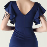 Women beaded tube V neck ruffle draped bead chain bead formal party evening dress