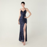 Women beaded tube sequin spaghetti strap cross lace-up evening slit evening dress